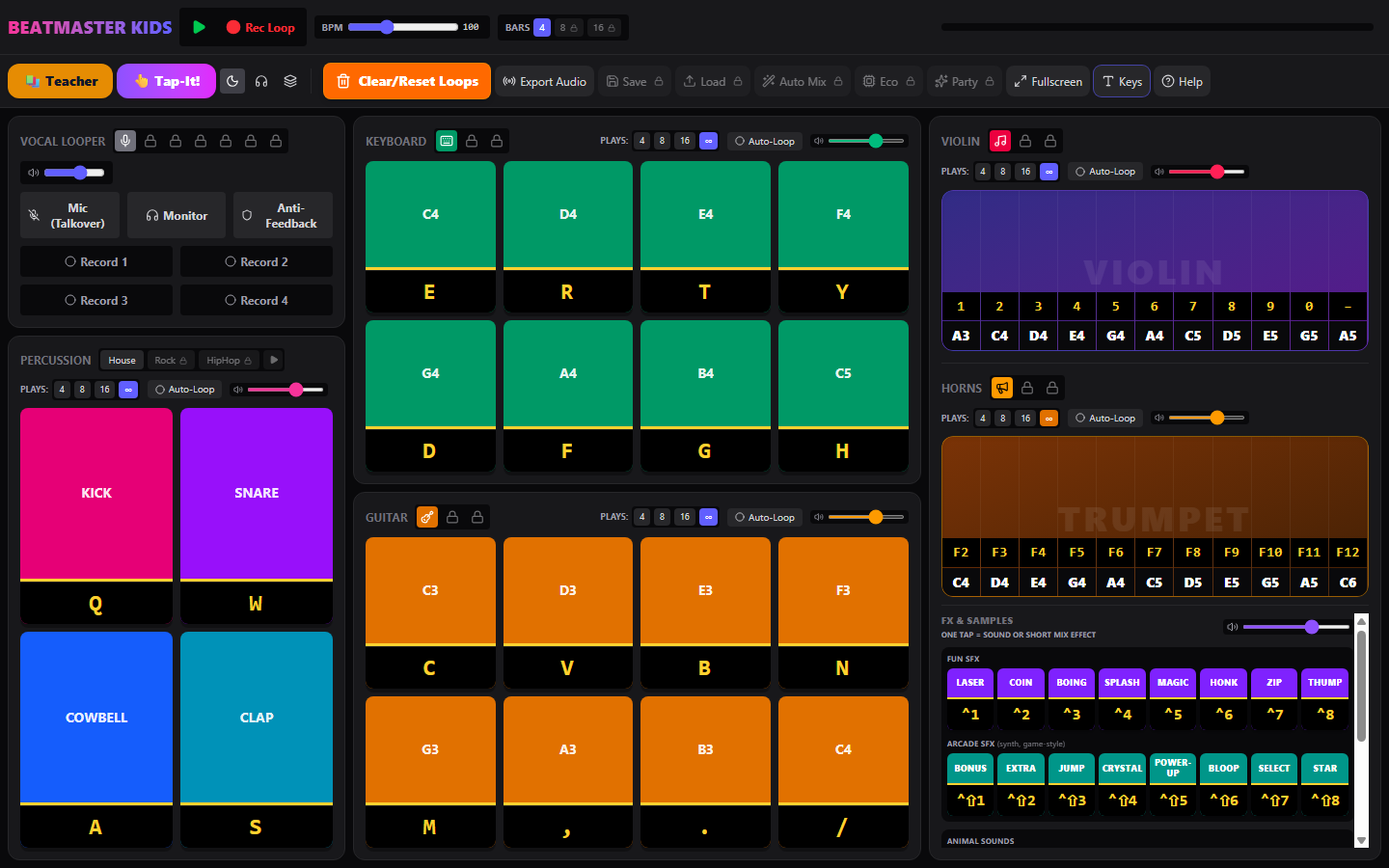 Beatmaster Kids music workstation with colorful keyboard, percussion pads, and instrument loops