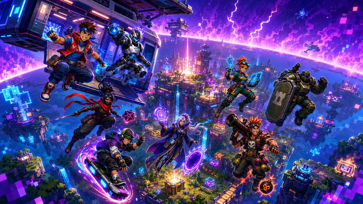 RunGun Riot key art showing a neon city skyline with a sky tram at dusk