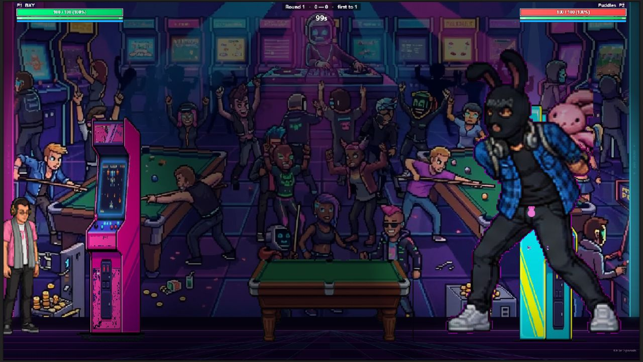 Scene Fighters combat screenshot set in a neon arcade pool hall
