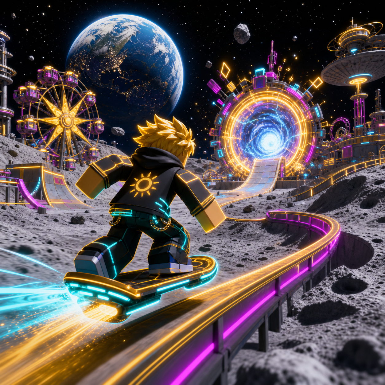 Solar Skate Moonblox key art showing a neon lunar skate park