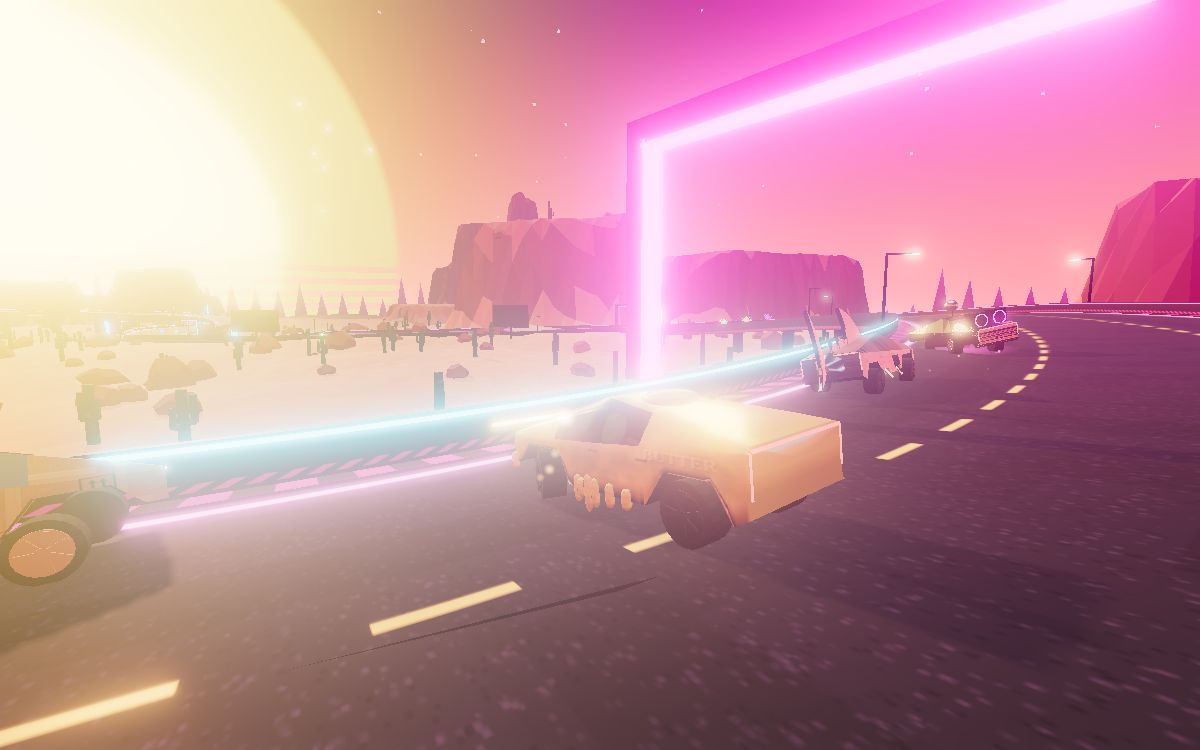 WEDGEWRECK Rally cyber trucks racing under a neon arch at sunset